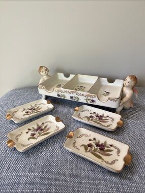 Vintage Cigarette Box Tray Ashtray Lenwile Ardalt Japan Parlor Set Cherubs